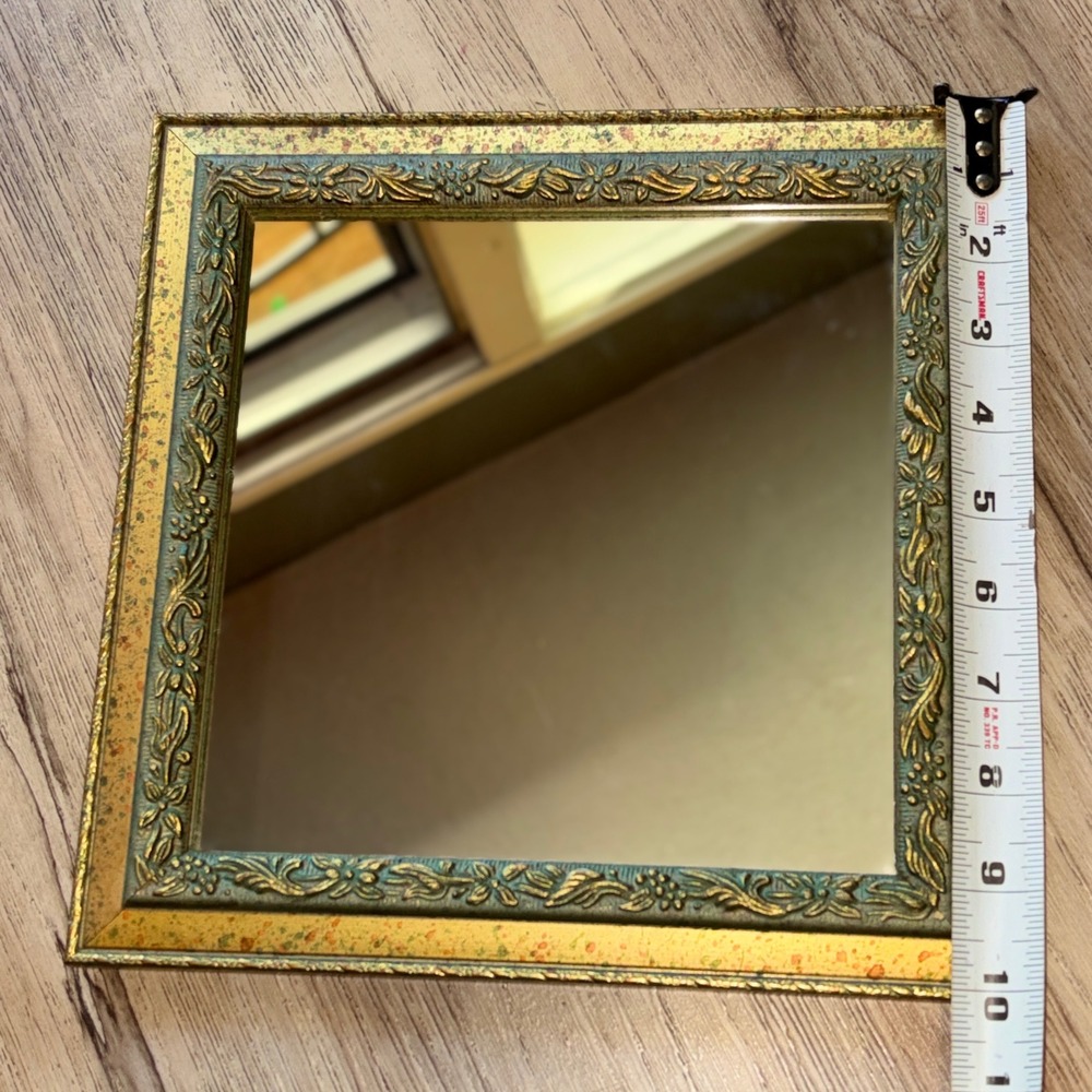 Vtg Ornate Square Wall Mirror Gold Verdigris Floral Scrollwork Frame 9.5in - Picture 12 of 16
